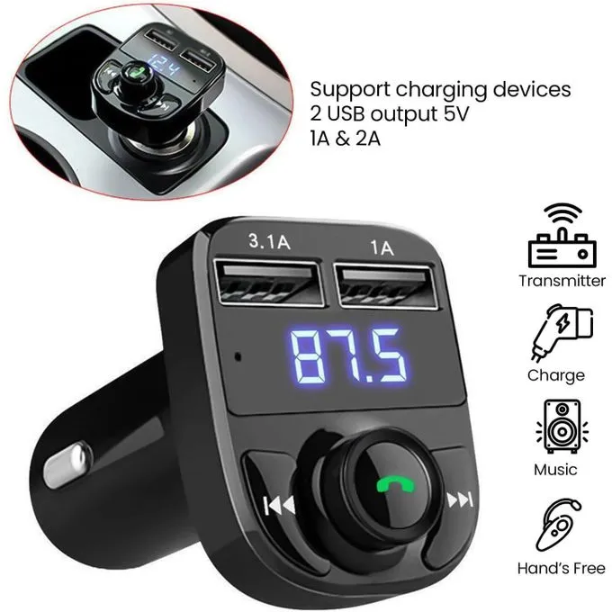 Car Charger for Hands-Free Calling, Wireless Bluetooth FM Radio Receiver, MP3 Stereo Adapter, Dual USB Charger