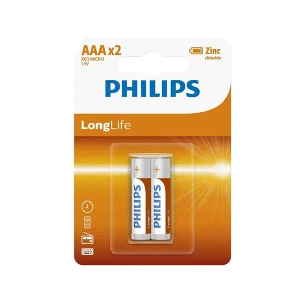 Philips Long Life Zinc Battery Set, 1.5 Volt, Type AAA - 2 Pieces